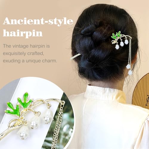 inSowni 8 Pieces Vintage Retro Asian Chinese Hanfu Gold Metal Hair Sticks Pins with Pearl Pendants Bamboo Leaf Flower Fishtail Hair Chopsticks Forks Bun Updo Holders Long Hairpins for Women Girls