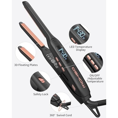 Small Flat Irons for Short Hair, 3/10'' Pencil Flat Iron, Pixie Cut and Bangs, Mini Hair Straightener with LED Display, Tiny Hair Straightener with Temperature Adjustable, Auto Shut Off