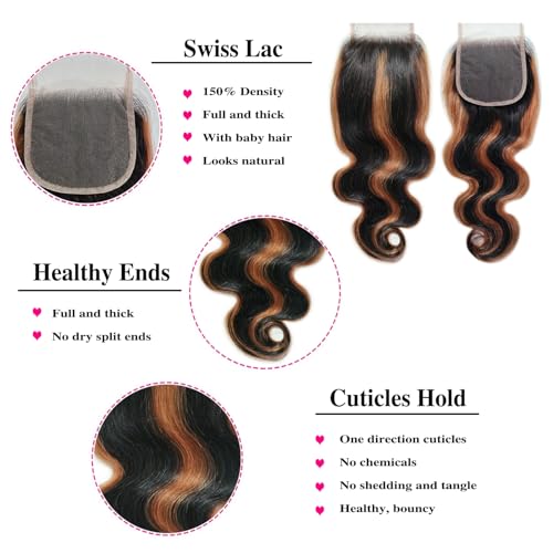 P1B/30 Ombre Brown Highlight Body Wave Bundles with 4x4 HD Lace Closure 20 22 24+20inch 12A Brazilian Human Hair Pre Plucked Natural Black to Blonde Bundles