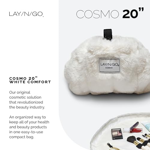 Lay-n-Go Cosmo Drawstring Cosmetic & Makeup Bag Organizer - Portable Drawstring Makeup Bag w/Zipper Pocket, Makeup Loops & More - Durable, Machine Washable Toiletry Bag (20", Comfort/White)