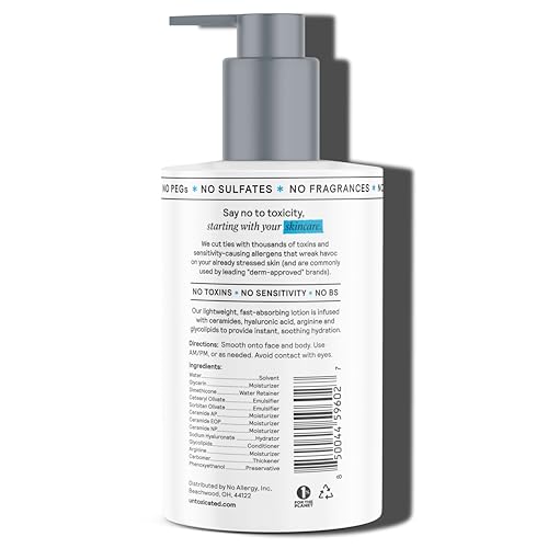Untoxicated Moisturizing Lotion - Daily Face Moisturizer & Body Lotion for Sensitive Skin - Ceramides & Hyaluronic Acid - No Common Irritants - Non-Comedogenic - Oil-Free - Fragrance Free - 10 Ounce