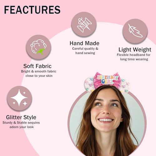 Mouse Ears for Women Birthday Girl Headband Sequin Ears Hair Accessories for Birthday Decorations Park Trips