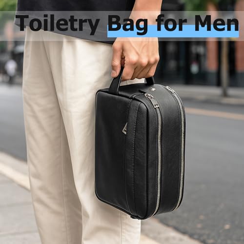 MIRASON Travel Toiletry Bag for Men Leather Travel Bag for Toiletries, Dopp Kit Water-resistant Shower Bag for Shaving Bathroom Organizer Gifts for Men, Black