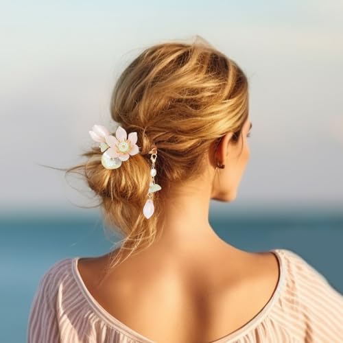 SHIYANG Handmade Pink Lotus Hair Clips, Floral Hair Decoration for Hanfu, Chinese and Korean Fashion