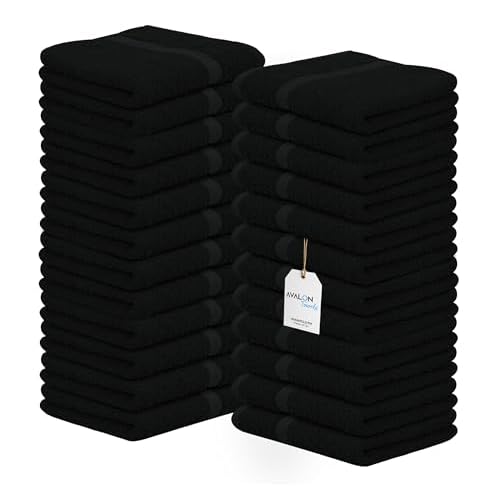 Avalon Towels Cotton Washcloths ? (Pack of 24) Size 12x12 Inches, 100% Ring Spun Cotton, Soft & Absorbent Face Towels, Gym Towels, Hotel and Spa Quality, Reusable Fingertip Towels (Black)