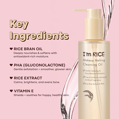 TONYMOLY I¡¯m Rice Makeup Melting Cleansing Oil ? 215ml | Gentle Cleanser for Sensitive Skin | Removes Makeup & Impurities | Rice Bran Oil + PHA | Non-Comedogenic, Fragrance-Free, Korean Skincare