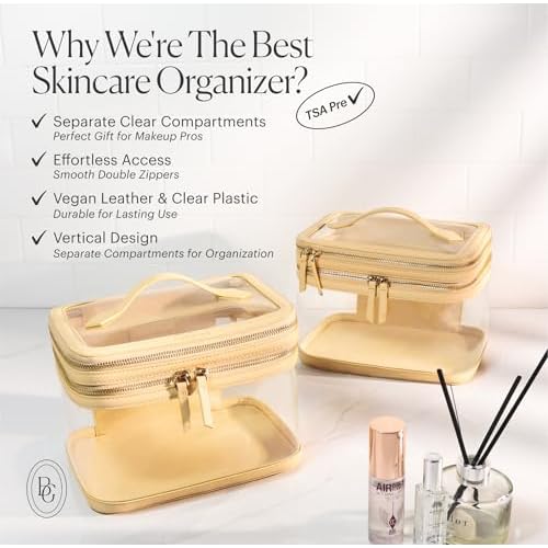 Clear Travel Makeup Bag for Women Organizer with Handle Beige, Extra Large Transparent Makeup Bag Toiletry Organizer with Zipper, Clear Cosmetic Travel Bags for Women Skincare Organizer for Traveling
