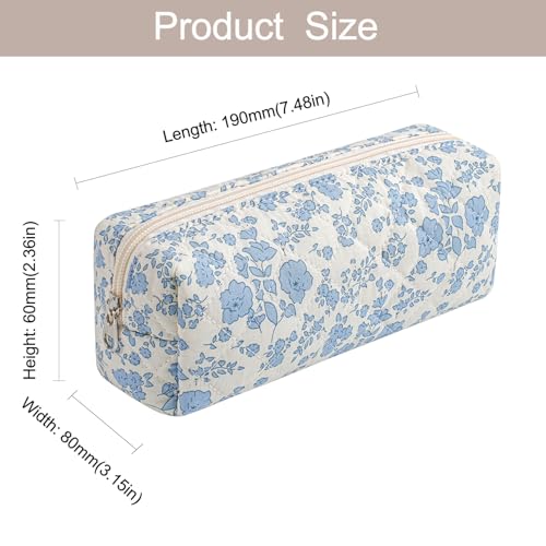 Cute Floral Makeup Brush Bag Small Cotton Quilted Cosmetic Bag for Women Travel Toiletry Zipper Make Up Pouch (Blue Floral)