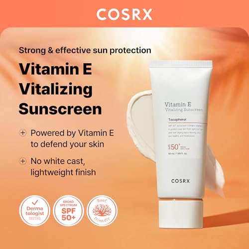 COSRX Vitamin E Vitalizing Face Sunscreen SPF 50, 1.69 fl oz, SPF Moisturizer, Lightweight under Makeup, Summer Travel Essentials, Korean Skin Care, Korean Sunscreen for Face, Stocking Stuffers