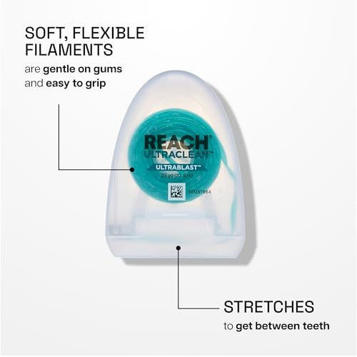 REACH¢ç ULTRACLEAN ULTRABLAST, Cool Mint Dental Floss, Plaque Remover for Teeth, Shred Resistant, Waxed, Easy on Gums & Teeth, Fresh Breath, Oral Care, PFAS Free, for Adults & Kids, 3 PK, 25 YD