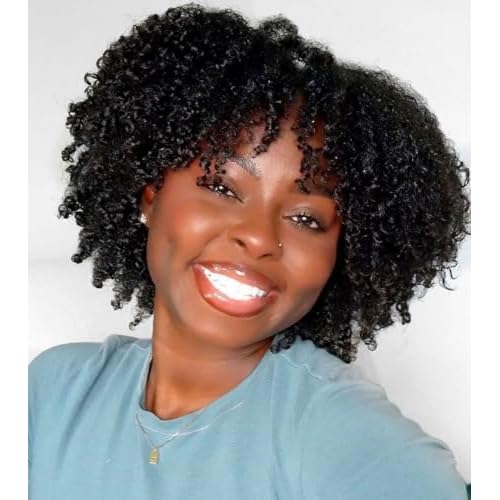 Afro Kinky Curly Wig With Bangs 200 Density Full Machine Made Human Hair Wig Scalp Top Wig Brazilian Short Curly Wigs For Black Women Natural Color 14 Inch