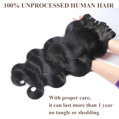 Human Hair Extensions - Body Wave Bundles, 100% Unprocessed Brazilian Virgin Hair, 3 Bundles, Wavy, Black, Sew-In Installation, 26-30 Inch
