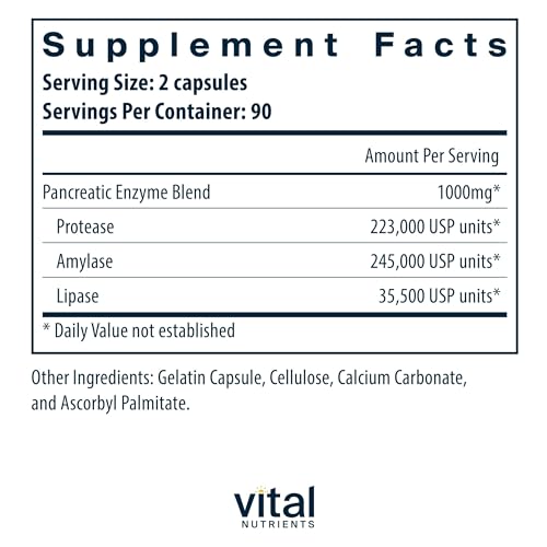 Vital Nutrients Pancreatic Enzymes 1000mg (Full Strength) | Pancreatin Digestion Supplement with Protease, Amylase & Lipase | Digestive Enzymes | Gluten, Dairy, and Soy Free | 180 Capsules