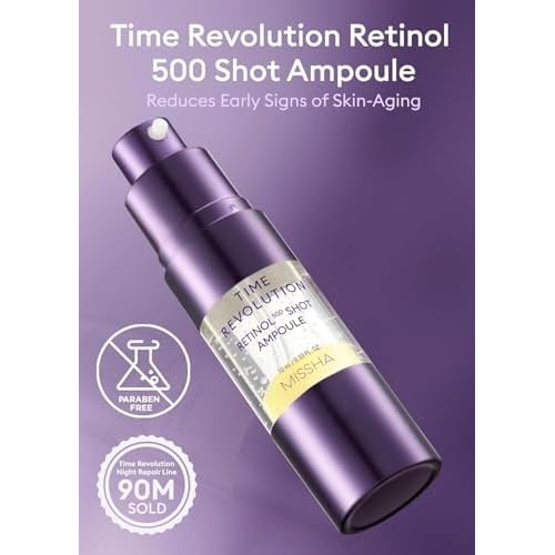 MISSHA Time Revolution Night Repair Retinol Intensive Ampoule 0.33 Fl oz - Advanced Korean Facial Serum for Skin Barrier Strengthening, Improved Elasticity, Radiance, Overnight Moisturization