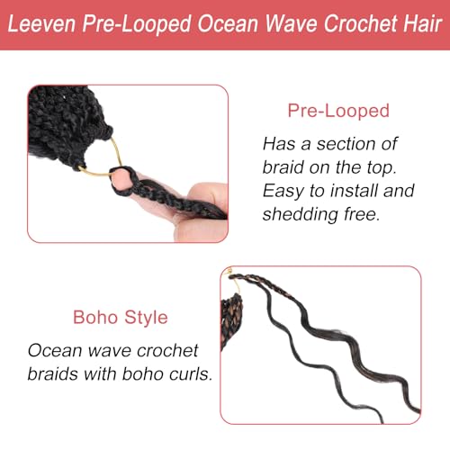 Leeven 14 Inch Pre Looped Ocean Wave Crochet Braids 8 Packs Black Short Curly Crochet Hair Boho Ocean Braids Pre Twisted Synthetic Deep Wavy Crochet Hair for Women