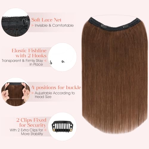 Hairro Wire Hair Extensions Human Hair, Fish Line Invisible Adjustable & Clips in Extensions Straight, 100% Real Hairpieces Seamless Blending for Women, 22 Inch 100g Medium Brown