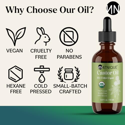 Natnique Castor Oil 2oz ? USDA Certified Organic, 100% Pure Cold Pressed Unrefined Oil for Hair Growth, Eyelashes, Eyebrows & Scalp ? Natural Skin Moisturizer, Lash Serum & Hair Treatment