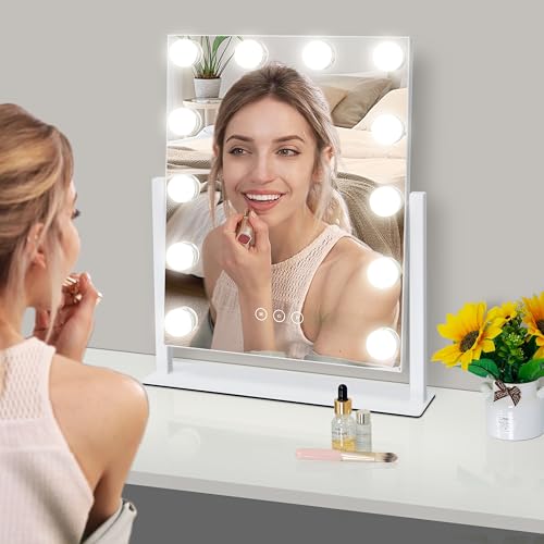 Vanity Mirror with Lights,Lighted Vanity Mirror with 12 Dimmable Bulbs for Dressing Room & Bedroom,3 Color Lighting,Modes Detachable 10x Magnification 360¡ÆRatation (White) 14.6" L x 17" W