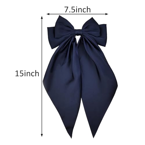 Large Navy Blue Satin Hair Bow Clip for Women Girls Oversized Long Tail Hair Accessory for Everyday Styling, 1-Pack