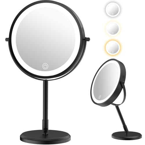 Folding Travel Makeup Mirror with Lights and Magnification,7¡± Double Sided 1X/10X Lighted Magnifying Mirror with Rechargeable Battery,Brightness Adjustable,3 Color Lighting, Black