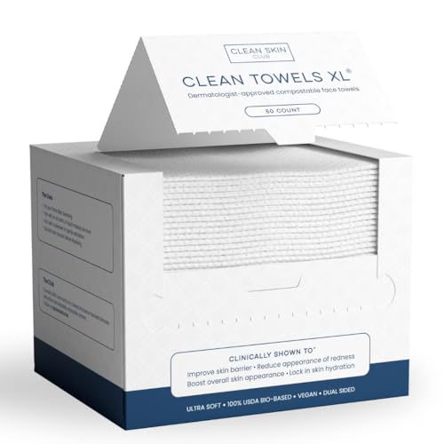 Clean Skin Club Clean Towels XL¢ç, 100% USDA Biobased Face Towel, Disposable Face Towelette, Eczema Association Accepted, Makeup Remover Dry Wipes, Ultra Soft, 1 Pack, 50 Ct