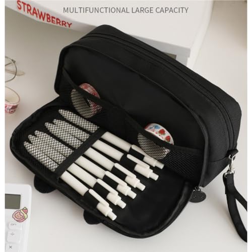 Kitty Cat Pencil/Pen Pouch 4-Layers Extra Capacity Cosmetic Organizer Pen Brush Holder Mesh Pockets (4 Layers - Black)