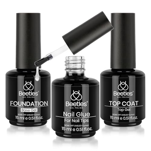 Beetles Top Coat Base Gel & Nail Glue Set-3Pcs No Wipe Top Coat Gel Nail Polish & Base Coat with 9 In 1 Nail Glue Shine Effect Long Lasting Soak Off Uv Light Lamp Diy Fall Nail Gifts for Women & Girls