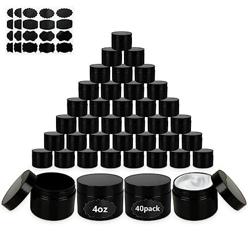 Acrux7 40 Pack 4 oz Black Plastic Jars, Small Round Cosmetic Cream Jars with Lids & Labels, Refillable Plastic Cream Container 120 ml Leak Proof Travel Jars for Creams, Lotion, Body Butter, Body Scrub