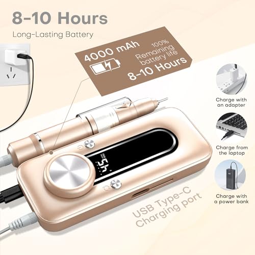 Nail Drill Electric Nail File Kit 45000 RPM Professional Efile Nail Set,Cordless Portable Rechargeable Acrylic Gel Nail Polish Remover Machine Pedicure Manicure Tool with for Salon Home Gold
