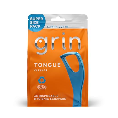 GRIN Tongue Cleaner, 48 Count, Disposable Tongue Cleaner, Hygienic Scraper, Recycled Plastic, Clean Tongue, Promote Fresh Breath, Includes Safe Fold- Back Tooth Pick