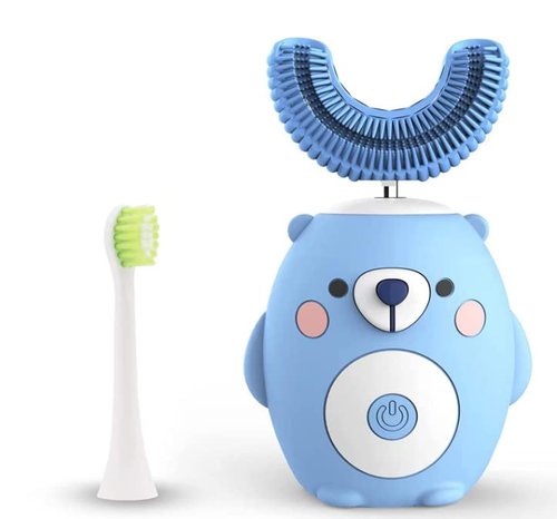 GASLIKE Kids Toothbrush Electric, U Shaped Ultrasonic Automatic Toothbrush with 2 Brush Heads, Six Cleaning Modes, Cartoon Modeling Design for Kids, Special for Birthday Gift (Blue, 2-7Age)