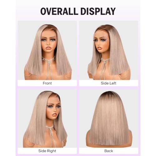 Ash Blonde Bob Wig Human Hair 13x4 HD Lace Frontal Wigs Pre Plucked with Baby Hair 20/Ash Blonde Ombre Lace Front Wig 210% Density Bleached Tiny Knots Straight Bob Wig 14 Inch