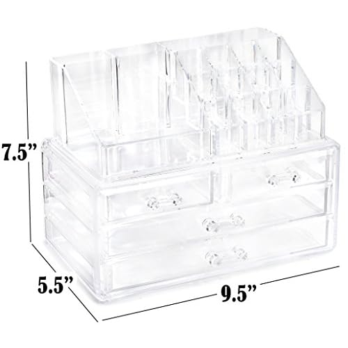 Masirs Clear Makeup Organizer - 16-Compartment Cosmetic and Jewelry Holder with 4 Drawers - Vanity Storage Box for Makeup, Skincare, Accessories, and Jewelry Display