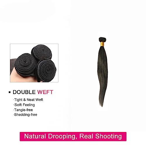 Human Hair 3 Bundles with Closure Straight 100% Unprocessed Virgin Brazilian Hair Bundles with 4x4 Lace Closure Free Part, Double Weft 10A Hair Weave Extensions, Natural Black Color (24" 24" 24" + 14" Closure)