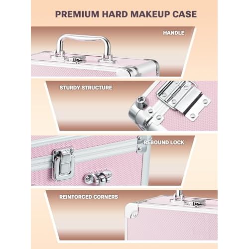 Qislee Makeup Box with A Detachable Lighted Mirror, Waterproof Travel Train Case, Cosmetic Organizer and Makeup Suitcase with Adjustable Dividers, Magnetic LED Mirror(Icy Pink)