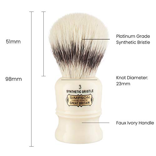 Simpsons Duke 3 - D3 Synthetic Platinum High density Fibre Faux Handle Ivory Shaving Brush - Simpson Shaving Brushes - Wet Shave Deluxe Thick & Luxurious Lather Handle Dense & Extra Soft Bristles