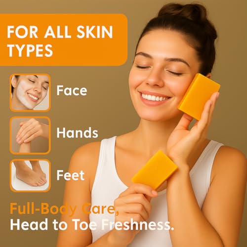 Turmeric Wash and Care 2 Piece Set ? 2 bottles turmeric face wash with brush + 3 Pack Cleansing Soap Bars for Face and Body, Turmeric Face Wash and Soap Combo for All Skin Types