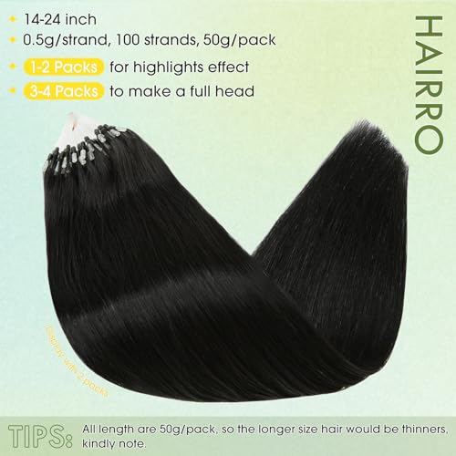 Hairro Microlink Hair Extensions Human Hairo Micro Loop Microbeaded Hair Microlinks Pre Bonded Cold Fusion I Tip Hair For Women 14 inch 50g 100 Strands #01 Dark Black