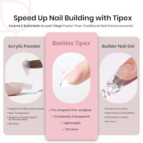 Beetles Tipex Instant Apex Nail Tips, Medium Oval Almond Acrylic Nails 192 Pcs Pre-Building Pre-Etched Thicker Gel Nail Tips - 16 Sizes Strong Full Cover False Nail