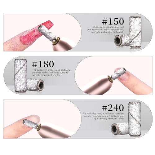 BLESWIN 200Pcs 3mm Small Sanding Bands with 2Pcs Small Mandrel Bit for Nail Drill, Upgrade Mini Nail Sanding Bands for Acrylic Nails Gel Removing Shaping, Manicure Nail Salon Use (240#Pink+180#White)