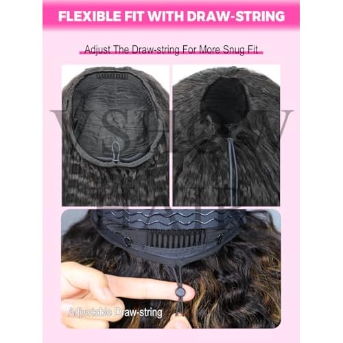 V SHOW Wear Go Glueless Half Wig Human Hair 1B/30 Highlight Water Wave Bod Wigs 3 In 1 Curly Half Wigs 180% Density Drawstring Seamless Fit Strap Flip Over Headband Wig 14 Inch Beginner Friendly