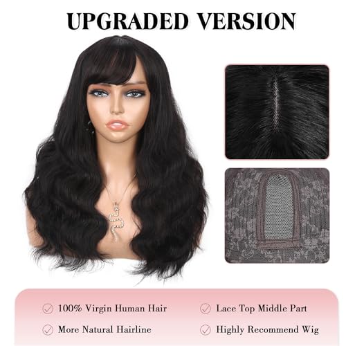 Fancy Hair Natural Wavy Human Hair Wig with Bangs Lace Middle Part Glueless Body Wave Brazilian Virgin Human Hair Wigs with Bangs for Black Women Natural Black 20 inches
