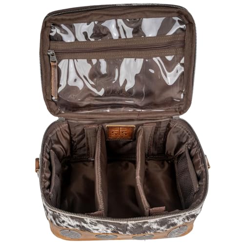 STS Ranchwear Vaquero Glamour STS-34330 Makeup Bag - Spacious Zip Around Unique Full Grain Leather Cowhide Cosmetic Organizer with 2 Compartments