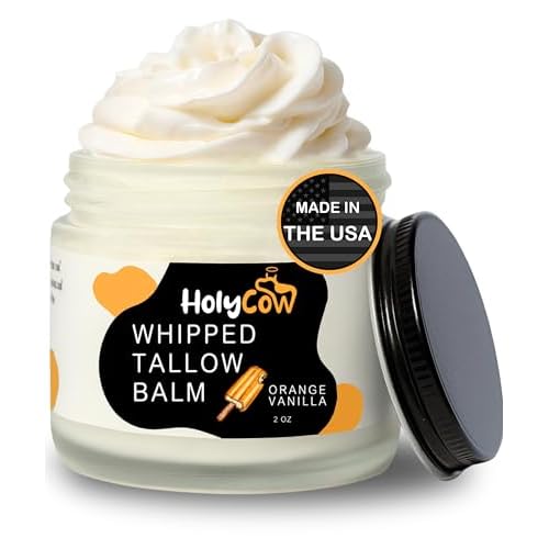 HolyCow Beef Tallow For Skin - Whipped Tallow Balm with Organic Jojoba Oil (Orange Vanilla), Grass Fed Beef Tallow Face Moisturizer for Eczema, Baby, Lip Balm - Lotion For Extremely Dry Skin