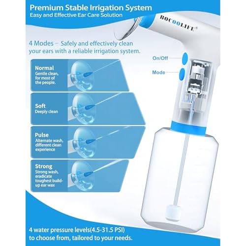 BOCOOLIFE Electric Ear Wax Removal Kit ? Water Flushing Irrigation System Ears Flush Cleaner Powered Cleaning 4 Pressure Settings, Safe & Effective Ear Cleaning for Adults, Includes 5 Tips
