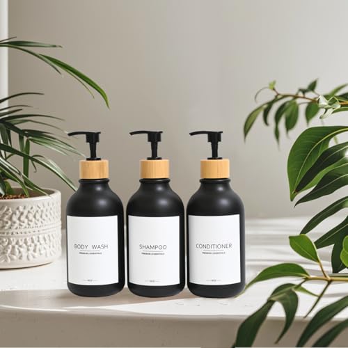 Shampoo and Conditioner Frosted Bottles Bamboo Pump, Refillable Shampoo Empty Bottles for Lotion Oil Shower Soap Dispenser (6p-Black)
