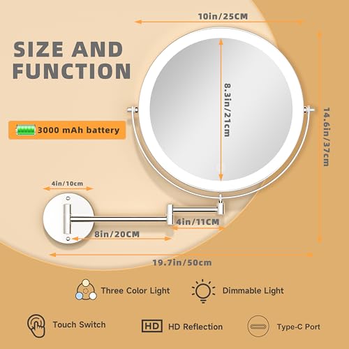 10" Wall Mounted Makeup Mirror with Light, 3000mAh Rechargeable Double Sided 1X / 7X Magnifying Vanity Mirror, 3 Color Lights Touch Dimmable 360¡Æ Rotation Bathroom Mirror, Chrome