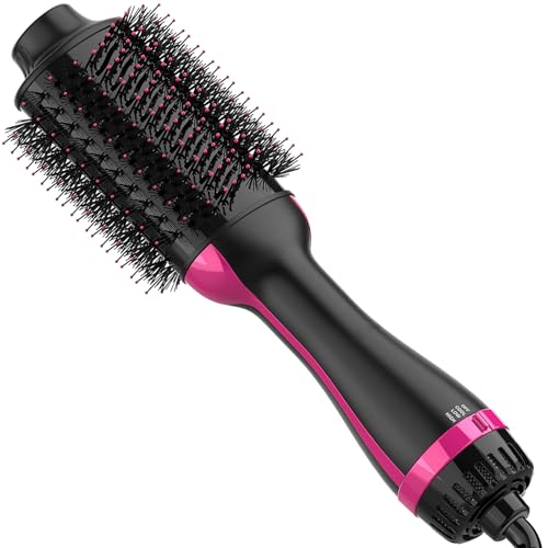 Hair Dryer Brush, 4 in 1 One Step Hair Dryer and Styler Volumizer, Professional Hot Air Brush with Negative Ion Anti-frizz Blowout for Drying, Straightening, Salon, Black Pink