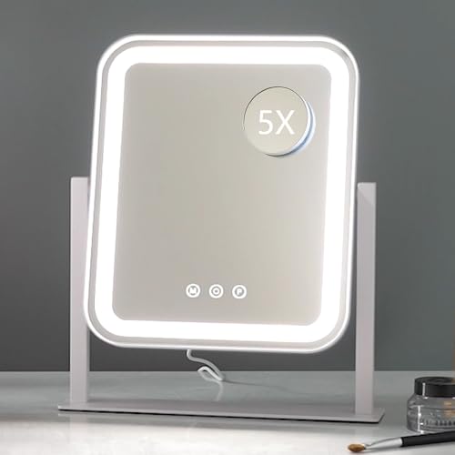 HIEEY Vanity Mirror with Lights, Makeup Mirror with Lights, Three Color Lighting Modes, and 5X Magnification Mirror, Smart Touch Control, 360¡ÆRotation (14.1" x 12" White,Gift Box)