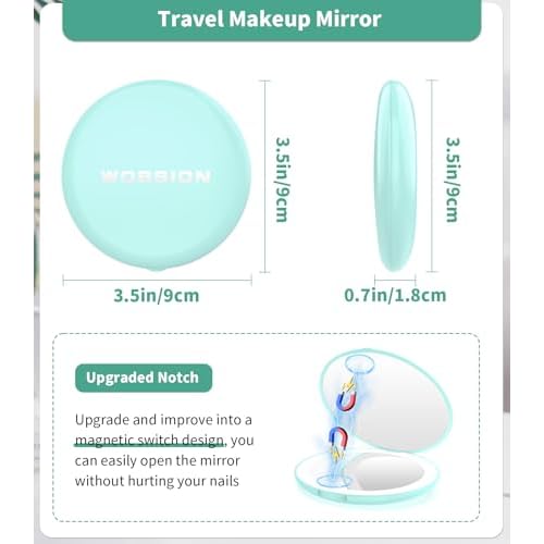 WOBSION Travel Compact Mirror,Portable 1x/10x LED Makeup Mirror with Magnification,Handheld 2-Sided Pocket Mirror, 3.5in Small Mirror for Purse,Handbag,Gift,Cyan&Pink,2 Pack